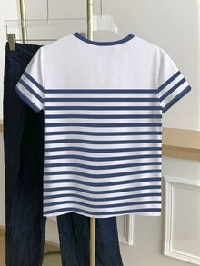 Tween Girls Digital Heart Stripe Pattern Short Sleeve T-Shirt Casual Comfortable Fashion Style, Outings, Outdoor Sports Pattern Design, Outdoor Picnic - Multicolor - View 2