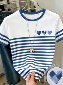 Tween Girls Digital Heart Stripe Pattern Short Sleeve T-Shirt Casual Comfortable Fashion Style, Outings, Outdoor Sports Pattern Design, Outdoor Picnic - Multicolor - View 1