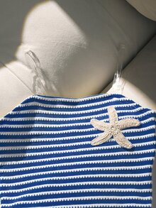 SHEIN 两件套女童Y2K风格黄白条纹配套文胸上衣，饰有3D海星刺绣，采用柔软泡泡质感面料，搭配平角内裤，亲肤面料，甜美海滩度假风，适合夏季穿着 - 藍色 - 查看 6