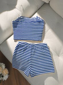 SHEIN 两件套女童Y2K风格黄白条纹配套文胸上衣，饰有3D海星刺绣，采用柔软泡泡质感面料，搭配平角内裤，亲肤面料，甜美海滩度假风，适合夏季穿着 - 藍色 - 查看 5