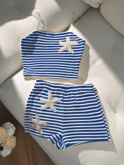 Sparklyn Tween Girls 2pcs/Set Y2K Safari Blue And White Striped Bralette Top Boyshort Panties,3D Starfish Embroidery Bubble Fabric,Summer,Holiday,Beach