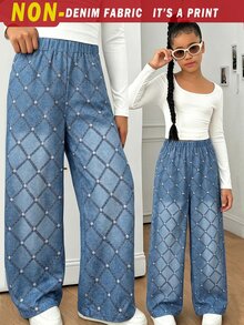 SHEIN 1件，適合女生，清新休閒韓系風格，校園、購物、旅行，春/秋裝扮，菱格珍珠數位印花 - 彩色 - 查看 4