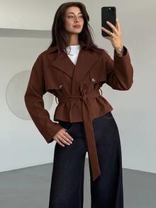 Aloruh 秋冬女款咖啡棕收腰短版風衣外套，百搭通勤辦公優雅法式風 - 棕色 - 查看 6