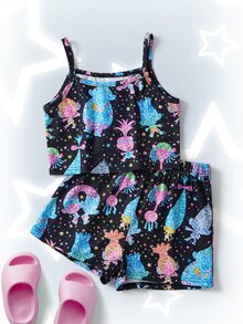 SHEIN Trolls Tween Girl 2pcs/Set Cute & Casual Cami Top And Shorts Pajama Set, Comfortable Home Wear - متعدد الألوان - مشاهدة 3