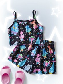 SHEIN Trolls Tween Girl 2pcs/Set Cute & Casual Cami Top And Shorts Pajama Set, Comfortable Home Wear - متعدد الألوان - مشاهدة 2