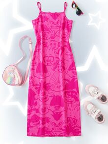 SHEIN Trolls 1pc Tween Girl Comfortable Casual Cartoon Pattern Slit Cami Dress, Stretchy Knit Dress - وردي - مشاهدة 3