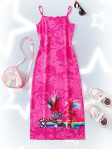 SHEIN Trolls 1pc Tween Girl Comfortable Casual Cartoon Pattern Slit Cami Dress, Stretchy Knit Dress - وردي - مشاهدة 2