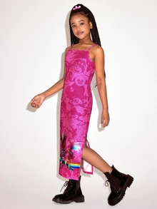 SHEIN Trolls 1pc Tween Girl Comfortable Casual Cartoon Pattern Slit Cami Dress, Stretchy Knit Dress - وردي - مشاهدة 5