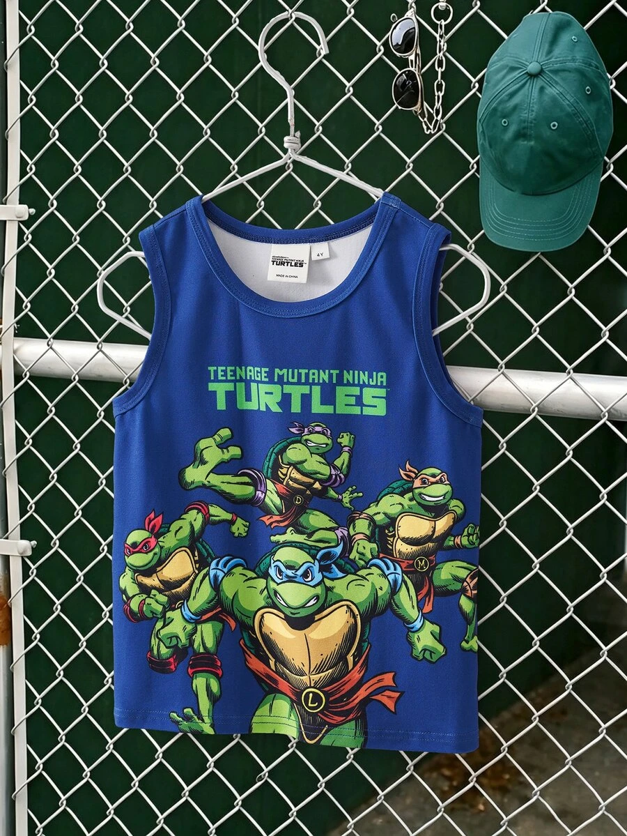 TEENAGE MUTANT NINJA TURTLES | SHEIN 小男孩夏季休閒卡通印花背心 - 藍色 - 查看 1