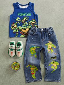 TEENAGE MUTANT NINJA TURTLES | SHEIN 小男孩夏季休閒卡通印花背心 - 藍色 - 查看 4