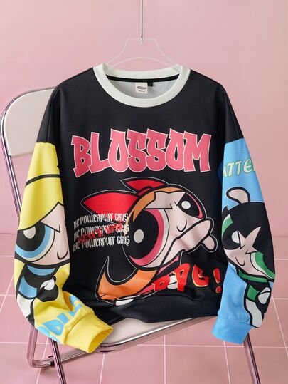 THE POWERPUFF GIRLS X SHEIN Men's Letter Print Crew Neck Long Sleeve Pullover Sweatshirt