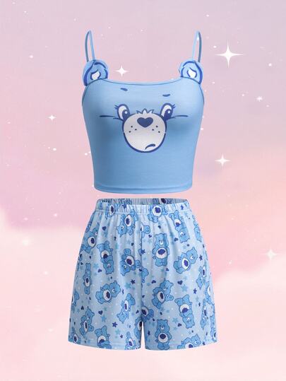 SHEIN X Care Bears Women's Cartoon Print Camisole Top And Shorts Casual Daily Home Sleepwear Set