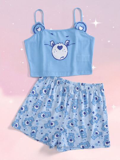 SHEIN X Care Bears Conjunto de Pijama Casual para Casa e Dormir com Top Regata e Shorts com Estampa de Desenho Animado para Mulheres