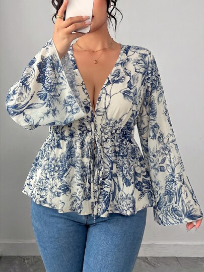 Elenzga Plus Size Vintage Crochet Floral Print V-Neck Cinched Waist Ruffle Hem Blouse, Flared Long Sleeve Tie Waist Casual Shirt For Women, Spring/Summer Daily Date Wear