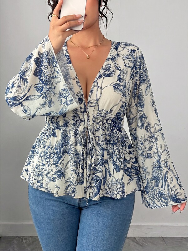 Elenzga Plus Size Halloween Vintage Crochet Floral Print V-Neck Ruched Waist Ruffle Hem Blouse, Flare Long Sleeve Tie Waist Casual Shirt, Women's Spring/Summer Daily Date Wear
