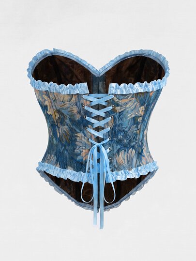 Rometta Top court pour femme à col cœur, taille cintrée et boutonnage, en jacquard imprimé peinture à l'huile, style Halloween