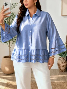 Linhara CURVE Kemeja Kasual Berlipit Warna Polos Ukuran Besar untuk Wanita, Serbaguna, untuk Pemakaian Sehari-hari di Musim Gugur - Biru - View 5