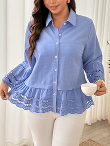 Linhara CURVE Kemeja Kasual Berlipit Warna Polos Ukuran Besar untuk Wanita, Serbaguna, untuk Pemakaian Sehari-hari di Musim Gugur - Biru - View 4