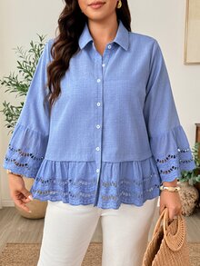 Linhara CURVE Kemeja Kasual Berlipit Warna Polos Ukuran Besar untuk Wanita, Serbaguna, untuk Pemakaian Sehari-hari di Musim Gugur - Biru - View 7