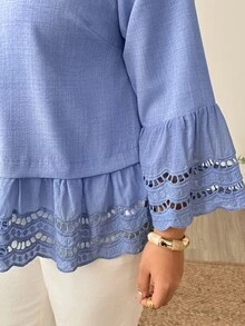 Linhara CURVE Kemeja Kasual Berlipit Warna Polos Ukuran Besar untuk Wanita, Serbaguna, untuk Pemakaian Sehari-hari di Musim Gugur - Biru - View 8