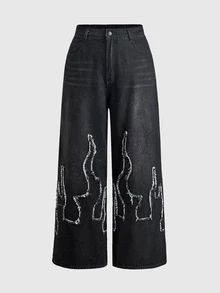 ROMWE Grunge Punk Celana Panjang Denim Wanita Ukuran Plus Gaya Jalanan dengan Bordir Api, Longgar, dan Kasual - Hitam - View 5