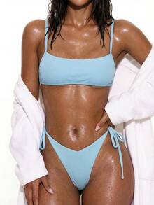 Swim Vcay Conjunto de bikini acanalado Tirante ajustable Top de tirantes y bottom de tanga con lazo lateral Traje de baño de 2 piezas - Celeste - Ver 7