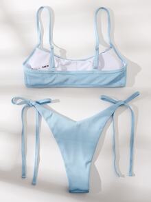 Swim Vcay Conjunto de bikini acanalado Tirante ajustable Top de tirantes y bottom de tanga con lazo lateral Traje de baño de 2 piezas - Celeste - Ver 3