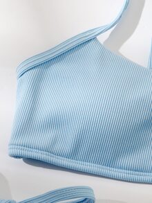 Swim Vcay Conjunto de bikini acanalado Tirante ajustable Top de tirantes y bottom de tanga con lazo lateral Traje de baño de 2 piezas - Celeste - Ver 6