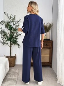 EMERY ROSE Women's V-Neck Blouse And Pants Casual Minimalist Everyday Set Fall Clothes Autumn Outfits Stay At Home Travel Navy Blue Everyday Stay At Home Travel - Navy Blue - View 2