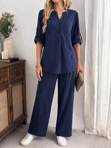 EMERY ROSE Women's V-Neck Blouse And Pants Casual Minimalist Everyday Set Fall Clothes Autumn Outfits Stay At Home Travel Navy Blue Everyday Stay At Home Travel - Navy Blue - View 7