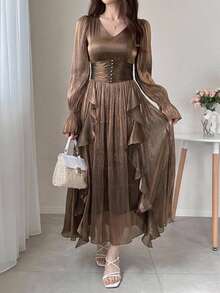 DAZY Women's V-Neck Ruffle Hem Elegant Maxi Party Dress Sundress - Gold - View 8
