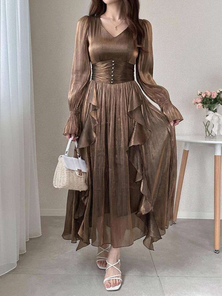 DAZY Women's V-Neck Ruffle Hem Elegant Maxi Party Dress Sundress - Gold - View 8