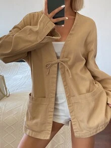Livesso جاكيت جينز فضفاض مزود بأربطة للنساء، مناسب للصيف والخريف - بني - مشاهدة 4