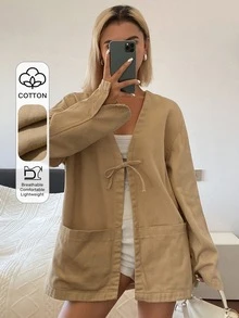 Livesso جاكيت جينز فضفاض مزود بأربطة للنساء، مناسب للصيف والخريف - بني - مشاهدة 1
