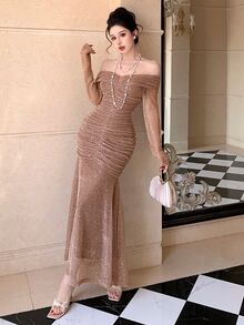 DAZY Elegant Solid Color Off-Shoulder Pleated Midi Dress For Women, Spring/Summer Sundress - Apricot - View 7