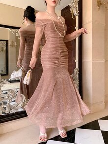 DAZY Elegant Solid Color Off-Shoulder Pleated Midi Dress For Women, Spring/Summer Sundress - Apricot - View 11