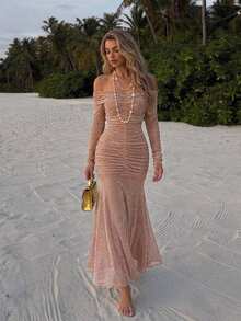 DAZY Elegant Solid Color Off-Shoulder Pleated Midi Dress For Women, Spring/Summer Sundress - Apricot - View 13