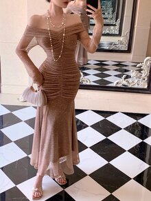 DAZY Elegant Solid Color Off-Shoulder Pleated Midi Dress For Women, Spring/Summer Sundress - Apricot - View 10
