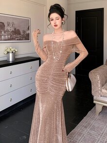DAZY Elegant Solid Color Off-Shoulder Pleated Midi Dress For Women, Spring/Summer Sundress - Apricot - View 5