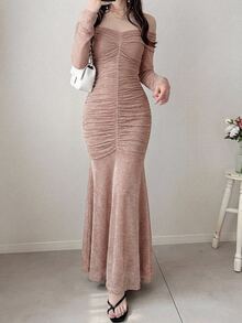 DAZY Elegant Solid Color Off-Shoulder Pleated Midi Dress For Women, Spring/Summer Sundress - Apricot - View 12