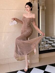 DAZY Elegant Solid Color Off-Shoulder Pleated Midi Dress For Women, Spring/Summer Sundress - Apricot - View 2