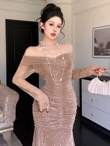 DAZY Elegant Solid Color Off-Shoulder Pleated Midi Dress For Women, Spring/Summer Sundress - Apricot - View 4