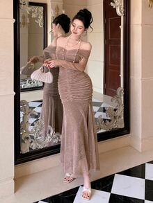 DAZY Elegant Solid Color Off-Shoulder Pleated Midi Dress For Women, Spring/Summer Sundress - Apricot - View 9
