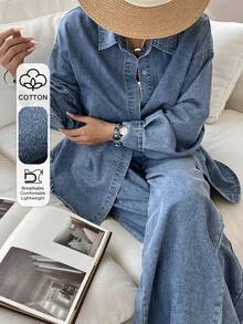 DAZY مجموعة قميص كاجوال فضفاض بأكمام طويلة وجينز ذو ساق مستقيمة، مناسبة للربيع والصيف - الأزرق - مشاهدة 1