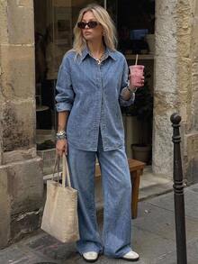 DAZY مجموعة قميص كاجوال فضفاض بأكمام طويلة وجينز ذو ساق مستقيمة، مناسبة للربيع والصيف - الأزرق - مشاهدة 10