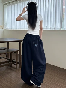 DAZY Women's Elastic Waist Pockets Wide Leg Loose Casual Pants Petite - Navy Blue - View 6