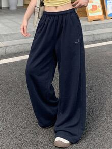 DAZY Women's Elastic Waist Pockets Wide Leg Loose Casual Pants Petite - Navy Blue - View 7