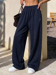 DAZY Women's Elastic Waist Pockets Wide Leg Loose Casual Pants Petite - Navy Blue - View 8