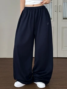 DAZY Women's Elastic Waist Pockets Wide Leg Loose Casual Pants Petite - Navy Blue - View 5