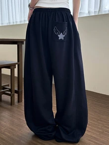 DAZY Women's Elastic Waist Pockets Wide Leg Loose Casual Pants Petite - Navy Blue - View 3